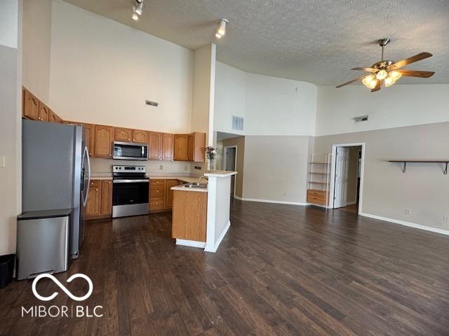 kitchen with kitchen peninsula, appliances with stainless steel finishes, a textured ceiling, ceiling fan, and high vaulted ceiling