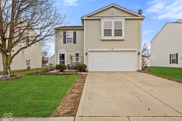 view of front of property with a front lawn and a garage