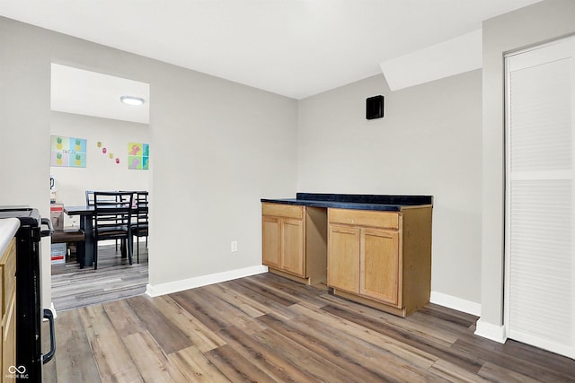 bar featuring light brown cabinetry, hardwood / wood-style floors, and range