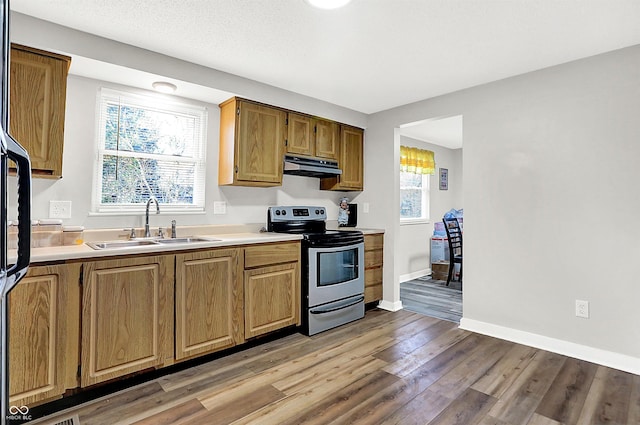 kitchen with light hardwood / wood-style floors, stainless steel range with electric cooktop, and sink