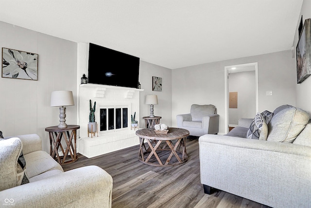 living room with a fireplace and wood-type flooring