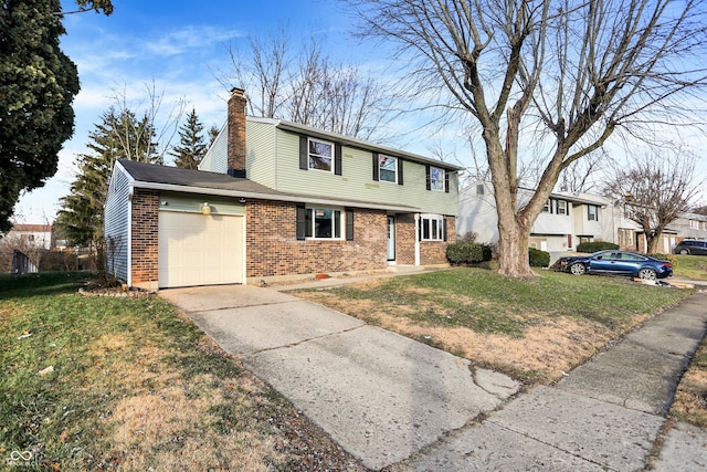 front facade with a garage and a front lawn