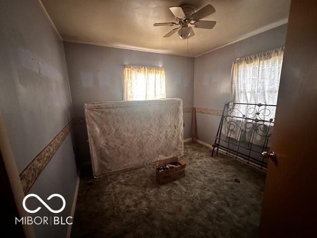 unfurnished bedroom featuring carpet and ceiling fan