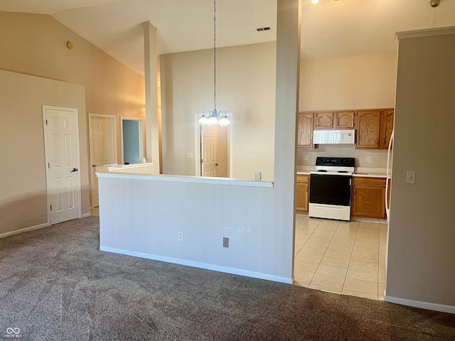 kitchen with extractor fan, decorative light fixtures, a chandelier, light colored carpet, and white range with electric cooktop