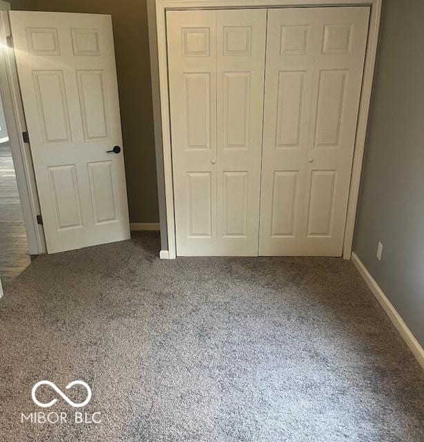 unfurnished bedroom featuring carpet flooring and a closet