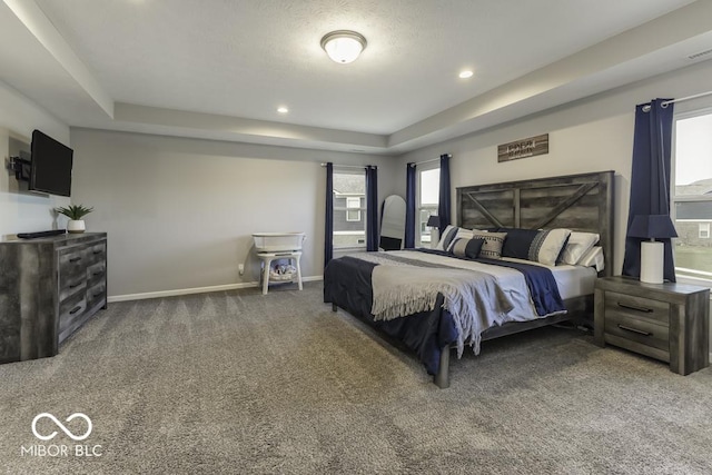 bedroom featuring dark colored carpet, a raised ceiling, and multiple windows