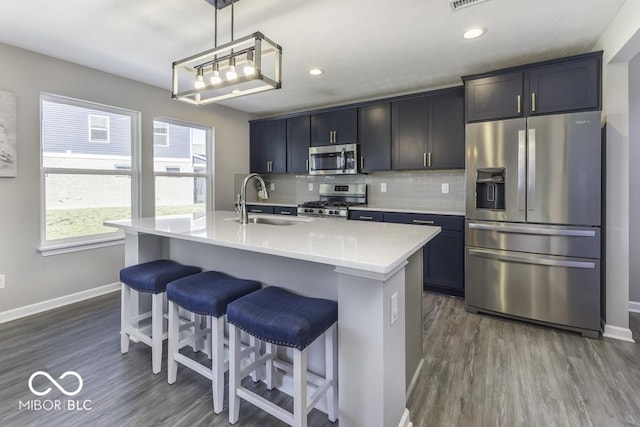 kitchen featuring sink, hanging light fixtures, appliances with stainless steel finishes, an island with sink, and dark wood-type flooring