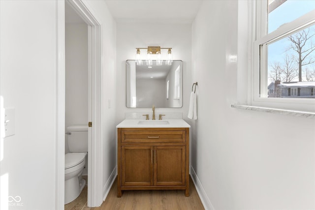 bathroom featuring hardwood / wood-style flooring, vanity, and toilet