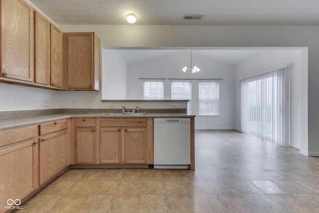 kitchen with lofted ceiling, white dishwasher, sink, decorative light fixtures, and a notable chandelier