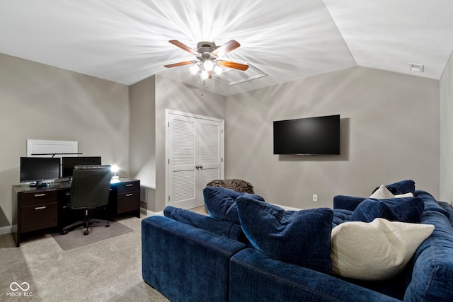 interior space featuring ceiling fan and lofted ceiling