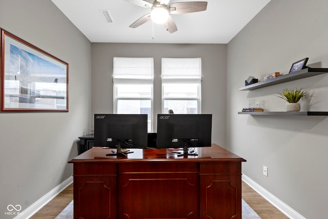 office area with ceiling fan and hardwood / wood-style floors