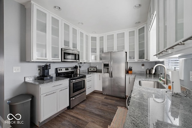 kitchen featuring light stone countertops, dark hardwood / wood-style flooring, stainless steel appliances, sink, and white cabinetry