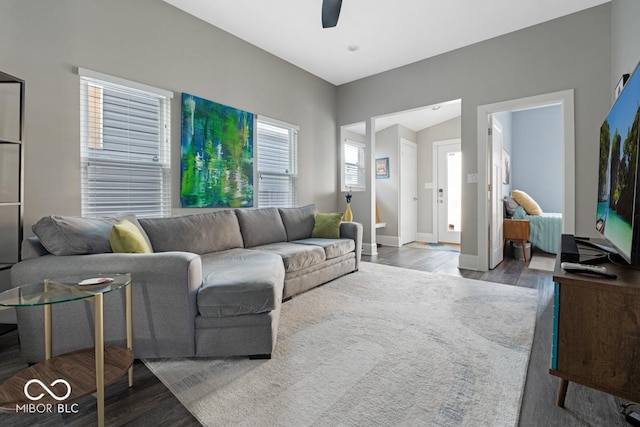 living room featuring ceiling fan, wood-type flooring, and vaulted ceiling