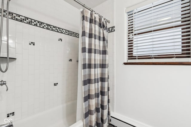 bathroom featuring a baseboard radiator and shower / bath combo with shower curtain