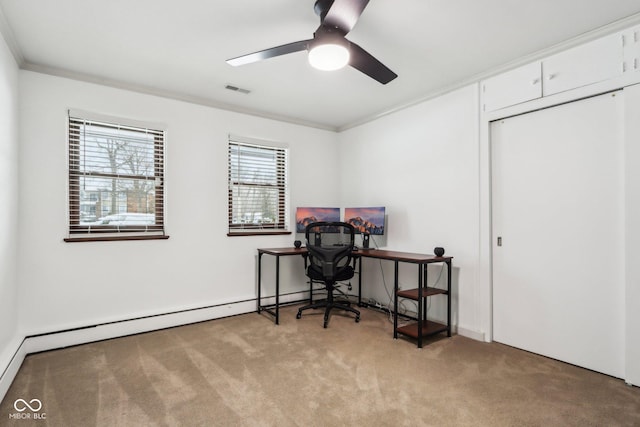 home office with light carpet, ceiling fan, a baseboard radiator, and ornamental molding