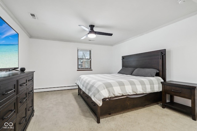 carpeted bedroom with crown molding, ceiling fan, and a baseboard heating unit