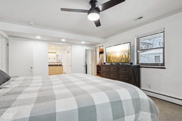 carpeted bedroom featuring ensuite bathroom, ceiling fan, a baseboard radiator, and ornamental molding