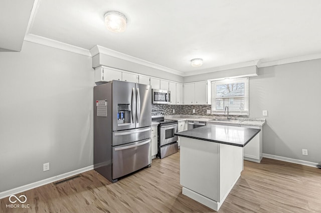 kitchen featuring a center island, backsplash, sink, white cabinetry, and stainless steel appliances