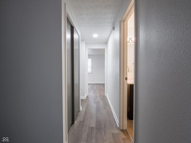 hall with wood-type flooring and a textured ceiling