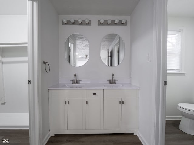 bathroom with vanity, wood-type flooring, and toilet