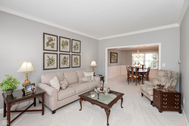 carpeted living room with crown molding and a chandelier