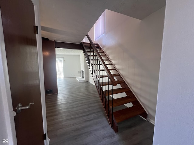 staircase with hardwood / wood-style flooring