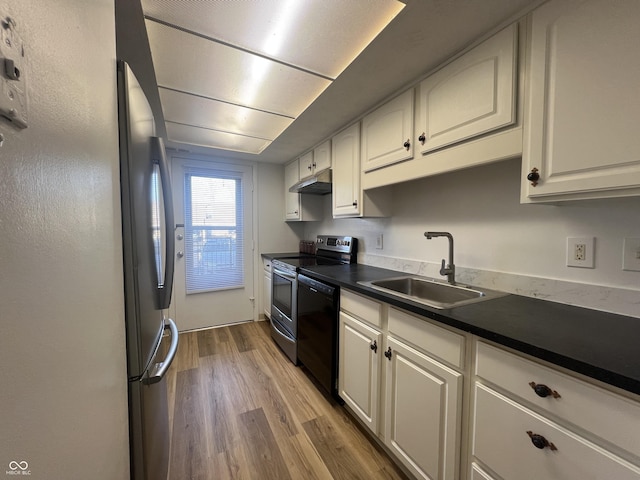 kitchen with white cabinets, sink, light hardwood / wood-style flooring, dishwasher, and fridge