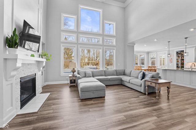 living room featuring a towering ceiling, light hardwood / wood-style flooring, and ornamental molding