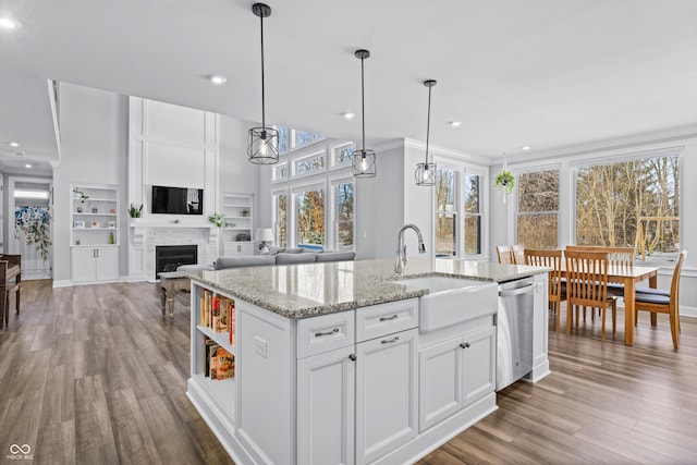 kitchen with stainless steel dishwasher, built in shelves, a kitchen island with sink, decorative light fixtures, and white cabinets