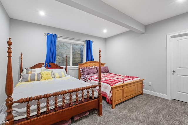 carpeted bedroom with beamed ceiling, recessed lighting, and baseboards