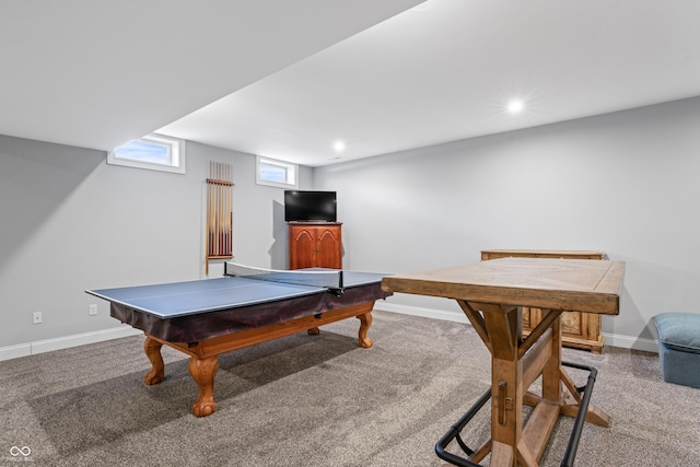 recreation room with recessed lighting, baseboards, and carpet floors