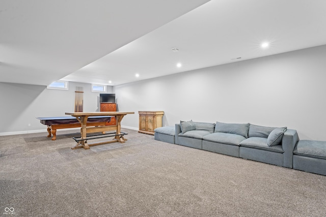 carpeted living room featuring recessed lighting and baseboards