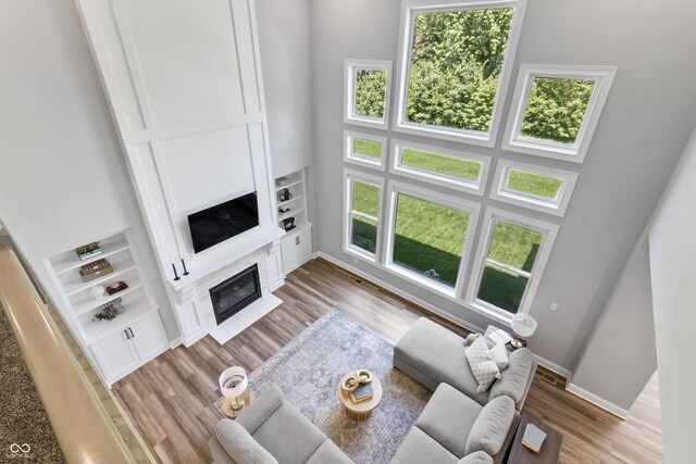 78 Chatham Brook Dr, Westfield, IN 46074 - living room with light wood finished floors, baseboards, a high ceiling, built in features, and a glass covered fireplace