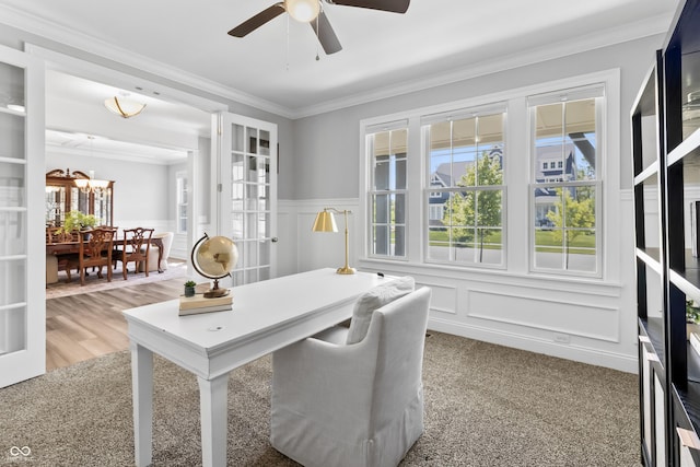 78 Chatham Brook Dr, Westfield, IN 46074 - office with crown molding, a ceiling fan, a decorative wall, wainscoting, and a chandelier