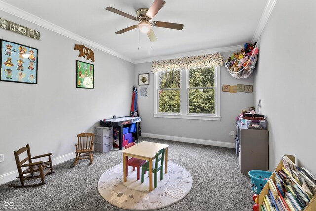 78 Chatham Brook Dr, Westfield, IN 46074 - game room with ornamental molding, carpet floors, ceiling fan, and baseboards