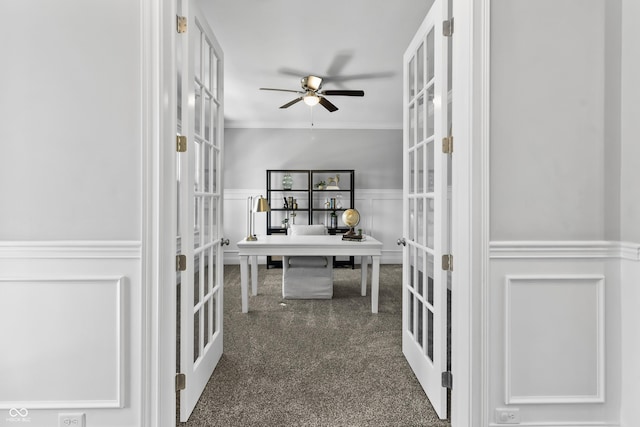 78 Chatham Brook Dr, Westfield, IN 46074 - hall featuring french doors, carpet flooring, a desk, a wainscoted wall, and a decorative wall
