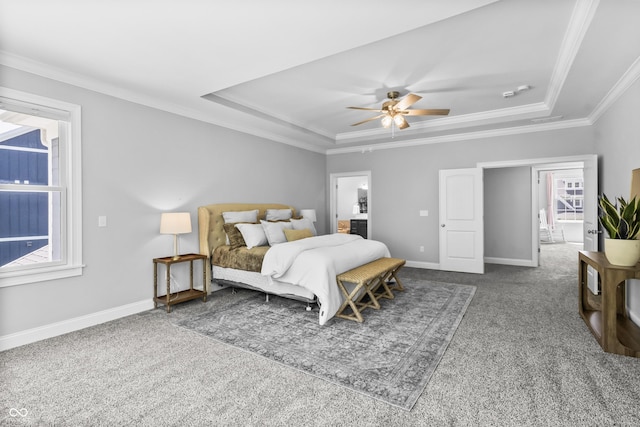 78 Chatham Brook Dr, Westfield, IN 46074 - carpeted bedroom featuring a raised ceiling, ornamental molding, baseboards, and a ceiling fan