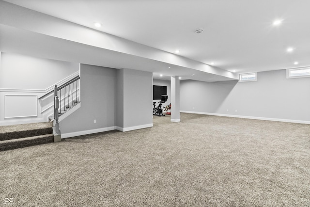 78 Chatham Brook Dr, Westfield, IN 46074 - below grade area with carpet flooring, recessed lighting, stairway, and baseboards