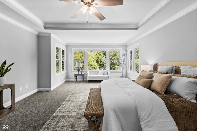 78 Chatham Brook Dr, Westfield, IN 46074 - carpeted bedroom with a tray ceiling, baseboards, crown molding, and a ceiling fan