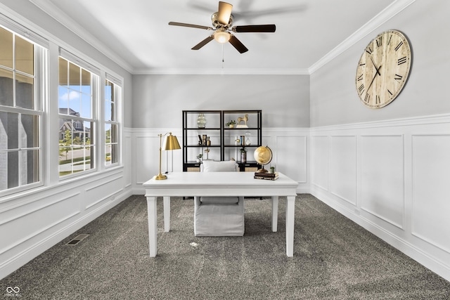 78 Chatham Brook Dr, Westfield, IN 46074 - office space with dark colored carpet, ceiling fan, a decorative wall, crown molding, and a wainscoted wall