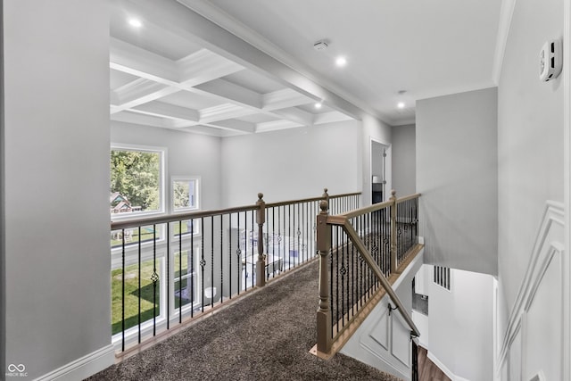 78 Chatham Brook Dr, Westfield, IN 46074 - hallway featuring beamed ceiling, carpet floors, recessed lighting, an upstairs landing, and coffered ceiling