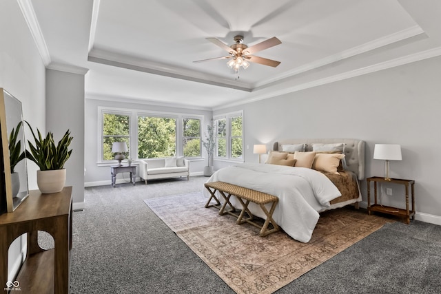 78 Chatham Brook Dr, Westfield, IN 46074 - carpeted bedroom with a raised ceiling, ornamental molding, baseboards, and a ceiling fan