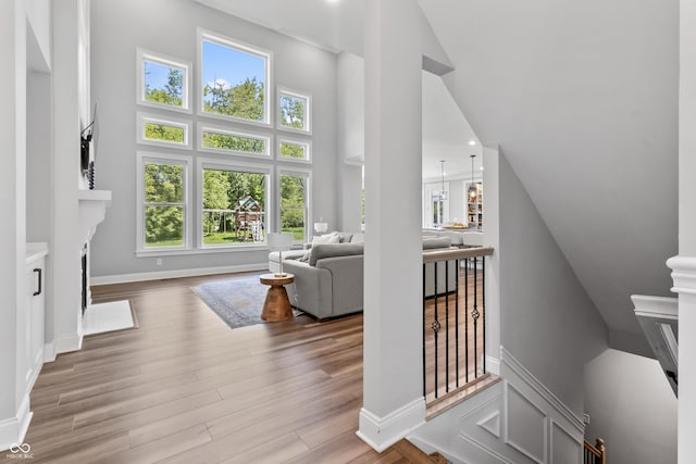 78 Chatham Brook Dr, Westfield, IN 46074 - living room with healthy amount of natural light, wood finished floors, baseboards, and a high ceiling
