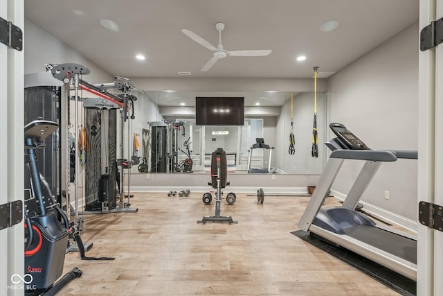 exercise room with ceiling fan and light hardwood / wood-style floors