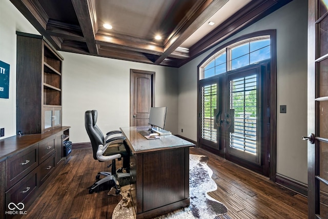 office area featuring coffered ceiling, dark hardwood / wood-style floors, french doors, and beamed ceiling