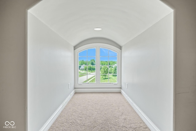 unfurnished room featuring vaulted ceiling and light colored carpet