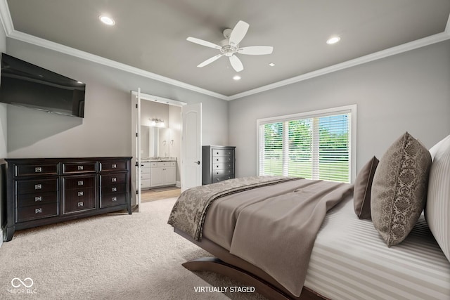 carpeted bedroom featuring connected bathroom, crown molding, and ceiling fan