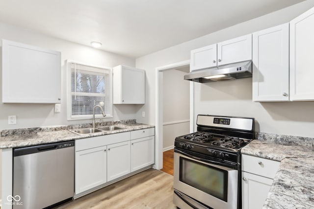 kitchen with sink, light hardwood / wood-style floors, white cabinetry, and appliances with stainless steel finishes