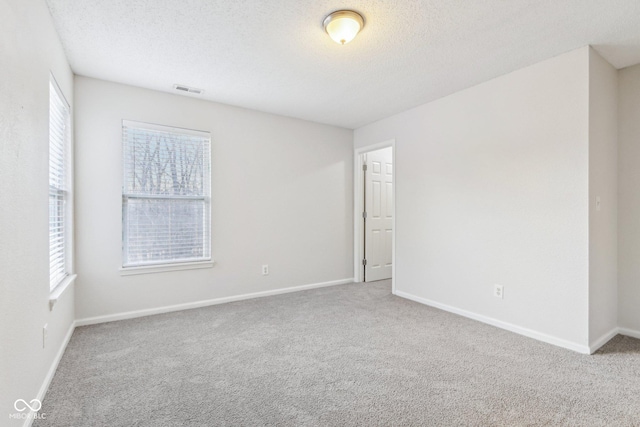 empty room featuring a textured ceiling, a healthy amount of sunlight, and carpet flooring