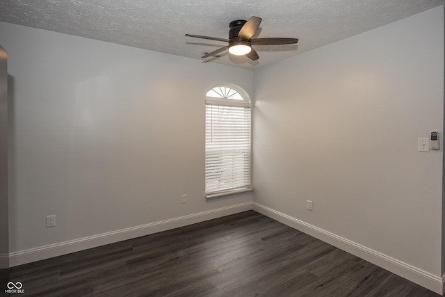 unfurnished room with dark wood-type flooring, a textured ceiling, and ceiling fan